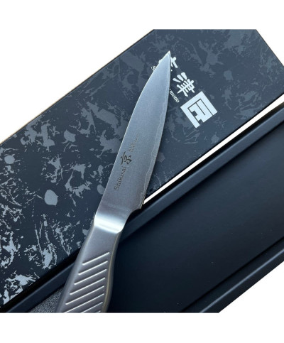 Hoja en detalle del cuchillo japonés Kyo San Mai pelador de 80 mm
